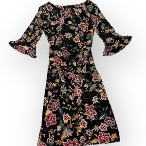 Bell Sleeve Fitted Floral Black Dress w Side Rouching